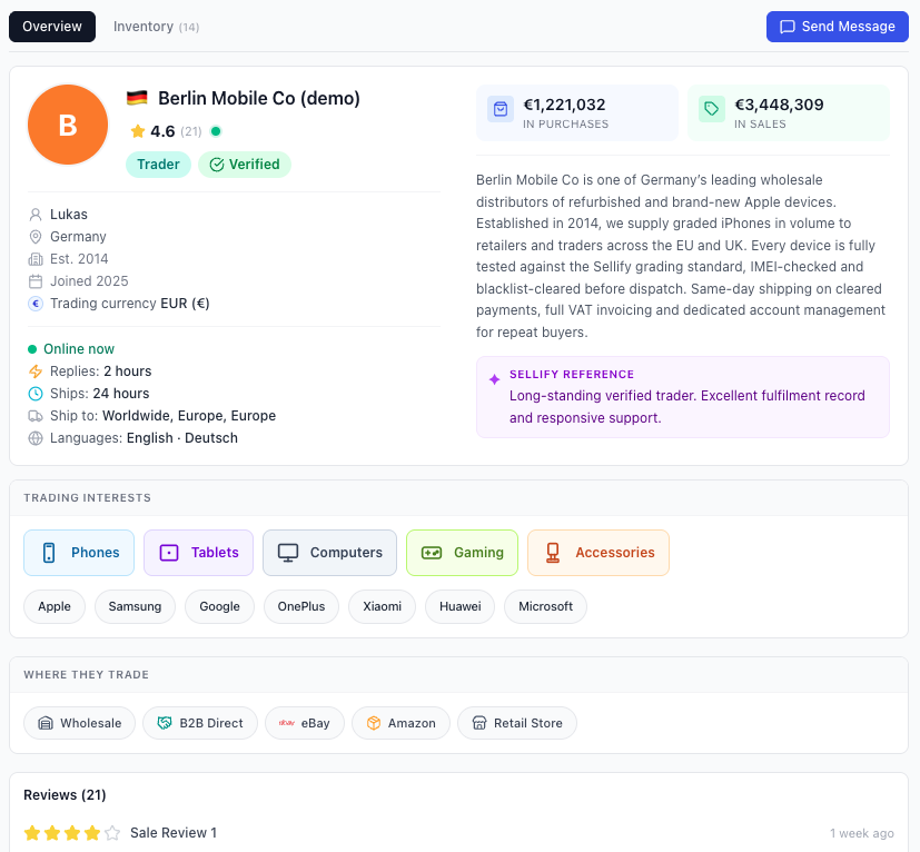 Your Wholesaler Profile screenshot